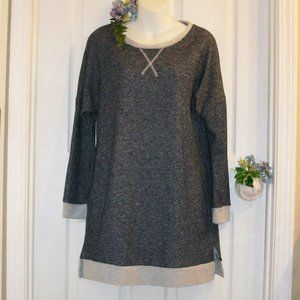 MEROKEETY Sz M Black White Heather Top Tunic Brown Elbow Patches Side Pockets